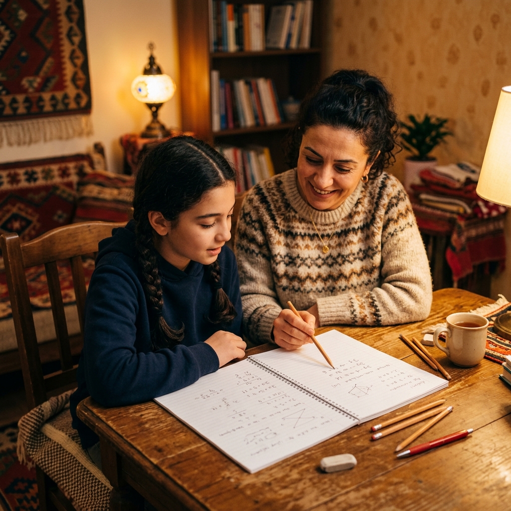Yüz yüze matematik dersi — öğretmen öğrenciye ders anlatıyor